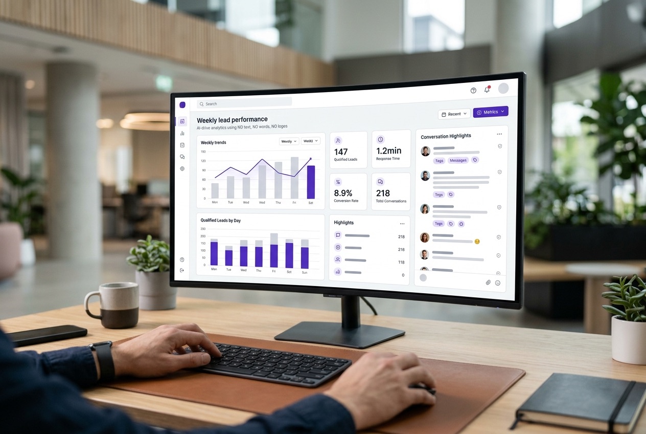 A dashboard mockup showing weekly lead performance: qualified leads, conversion rate, response time, and total conversations