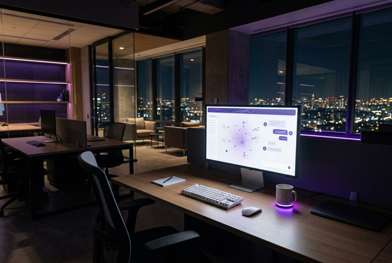 An empty office at night, a single monitor displaying a conversation and network diagram, illustrating an agent working unattended