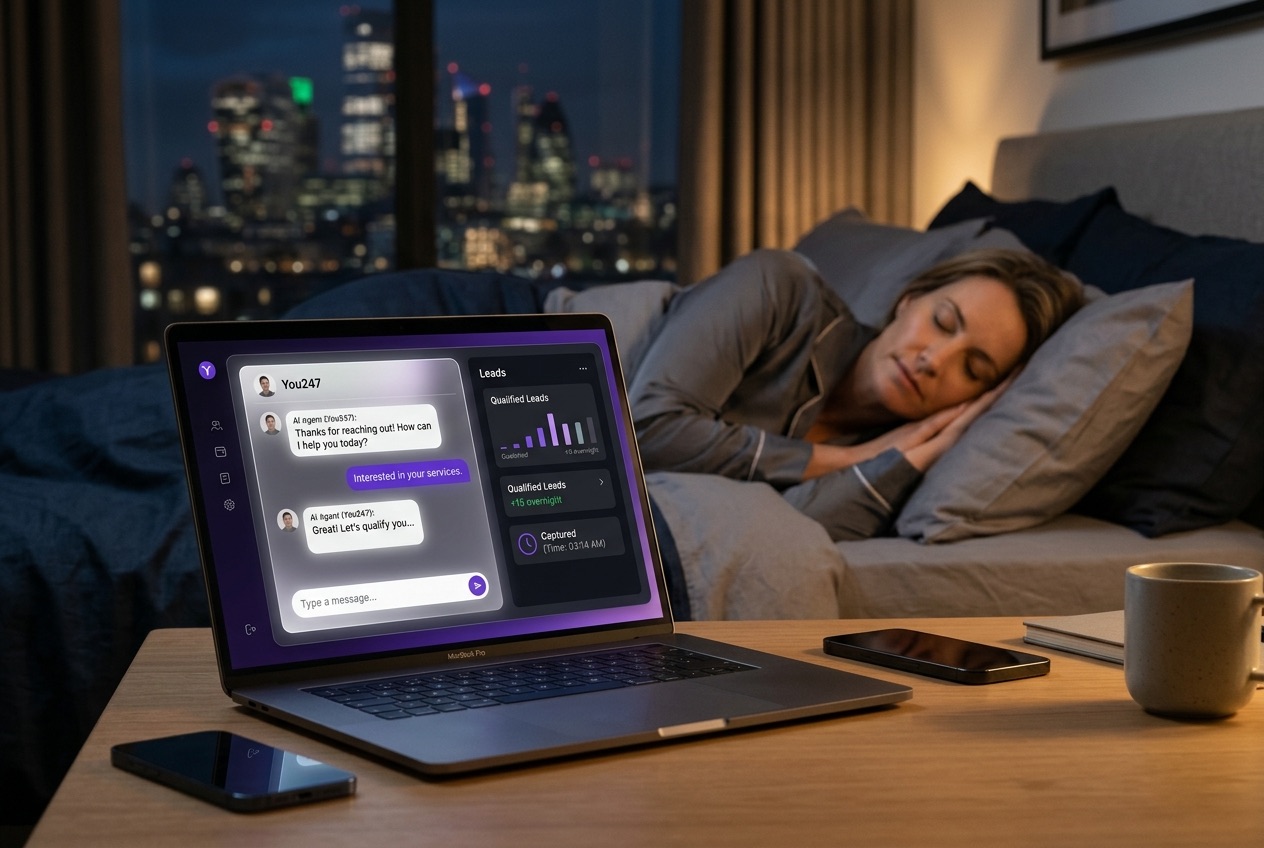 A laptop on a bedside table shows a You247 chat conversation and a qualified-leads dashboard while its owner sleeps in the background