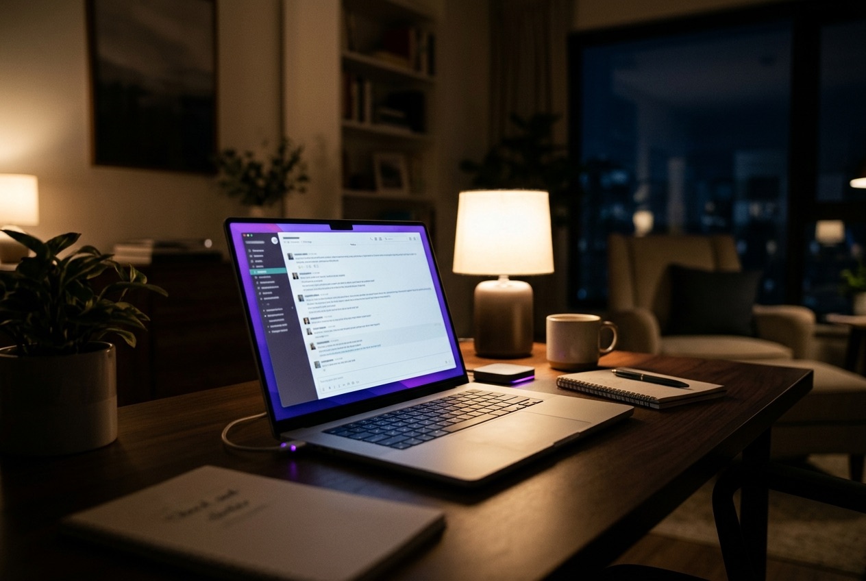 A quiet home office at night, a laptop open on the desk showing a conversation thread, city lights visible through the window