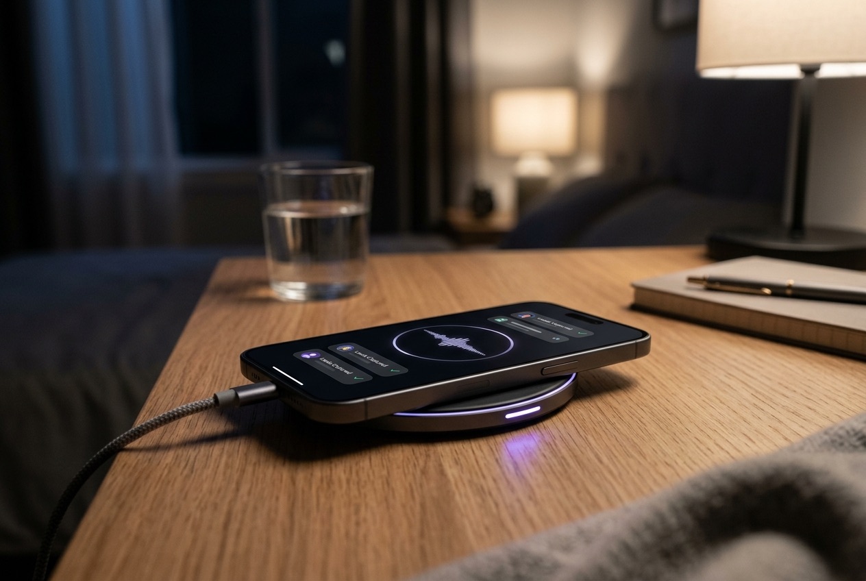 A phone charging on a nightstand shows a Lead Captured notification, next to a glass of water and a notebook