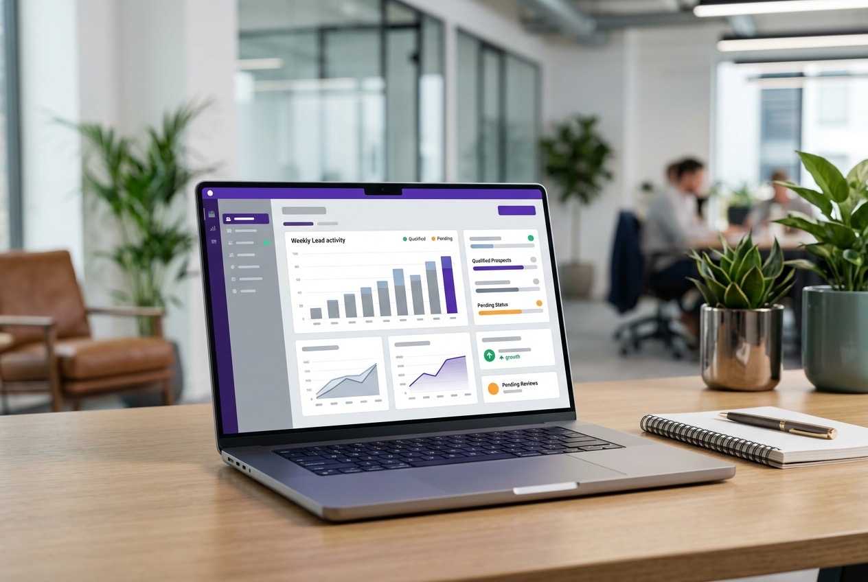 A clean dashboard on a laptop screen showing weekly lead capture statistics and qualified real estate leads