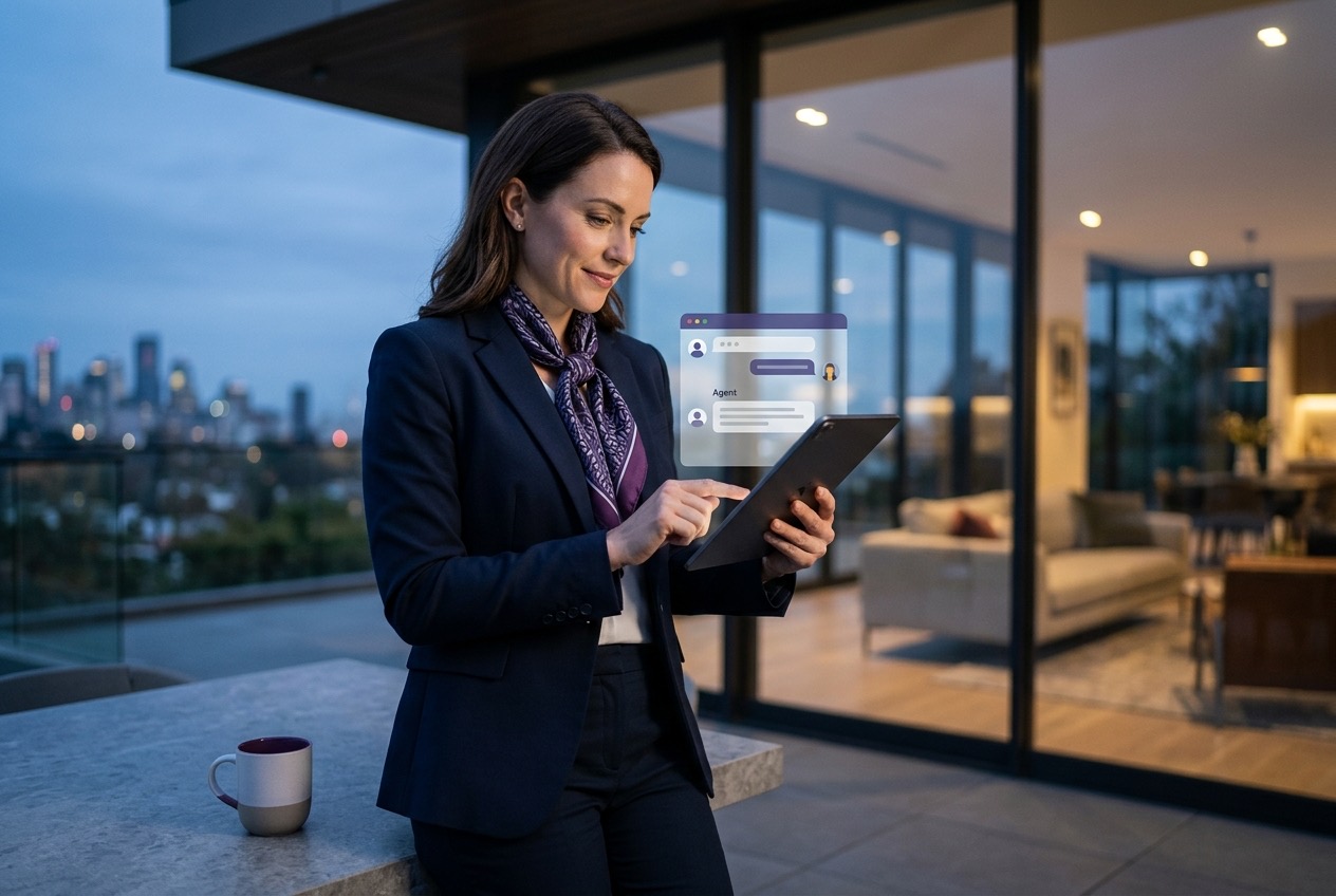 A home buyer browsing real estate listings at night on a phone and laptop
