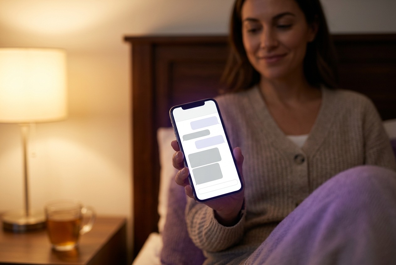 A real estate agent's smartphone at night showing an AI chat replying instantly to a home buyer inquiry