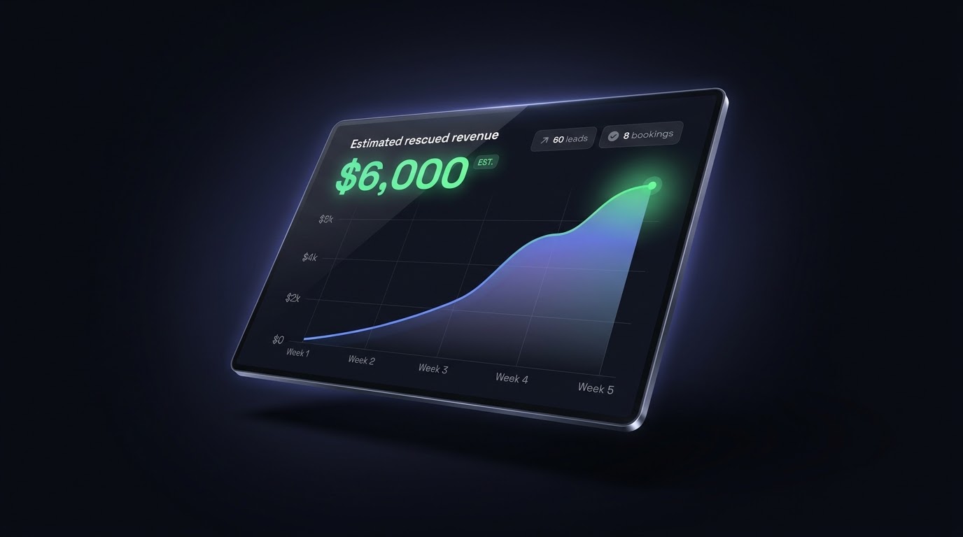 Dashboard mockup showing estimated rescued revenue of $6,000 with a rising revenue chart